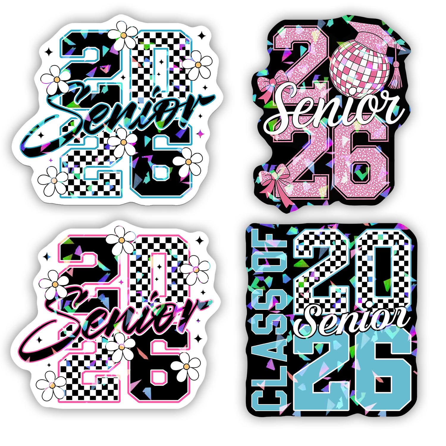 Photo 1 of (4 PCs - 3 in) Holographic Senior 2026 Graduation Stickers Class of 2026 Vinyl Decal Pack Cute Pink Blue Aesthetic Laptop Water Bottle Phone Car