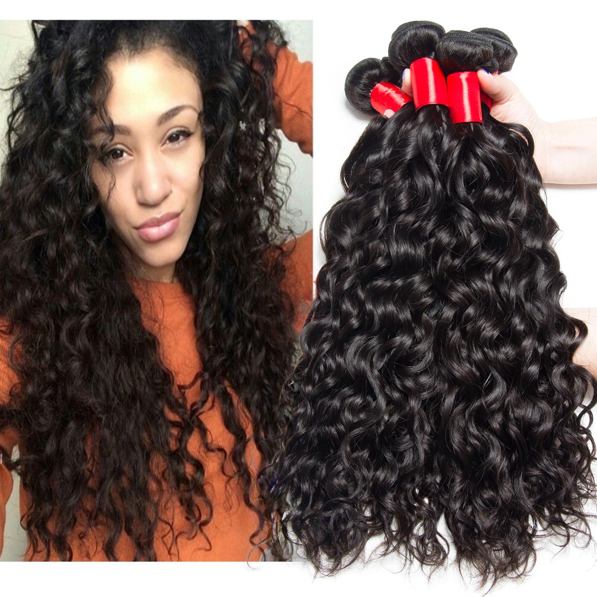 VIPbeauty Brazilian Human Hair Water Wave Bundles 10A Grade Natural Black Can Be Dyed & Bleached 3 Bundles (18 20 22)