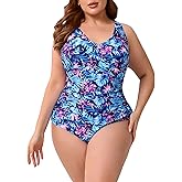 Halcurt Plus Size One Piece Swimsuit for Women Twist Front Tummy Control Full Coverage Retro Bathing Suit