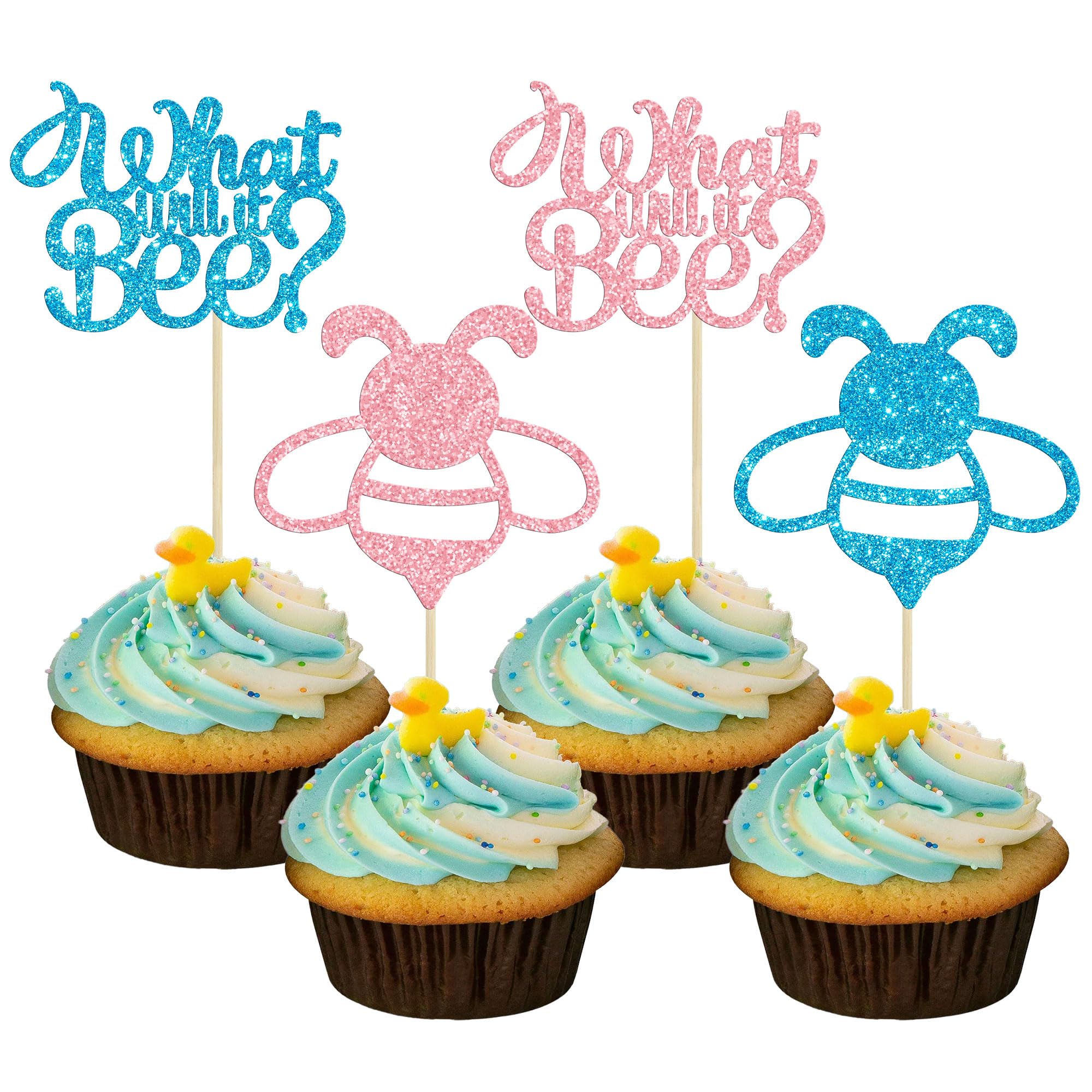 Gyufise 24Pcs Boy or Girl Cupcake Toppers What Will It Bee Blue Pink Bee Cupcake Picks for Gender Reveal Baby Shower Kids Birthday Party Cake Decoratiosn Supplies