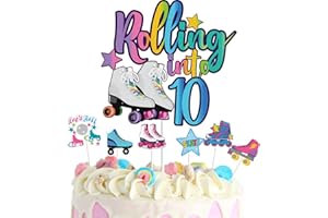 WINPOGEE 7Pcs Rolling into 10 Theme Cake Toppers Sets Roller Skate Happy 10th Birthday Themed Set Cake Decoration Girls Club Rolling 10 Years Old Supplies Girls Retro Colorful Hip Hop
