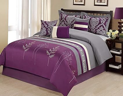 7 Pcs Bedding Royal Purple Gold White King Comforter Set With