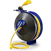 Goodyear Extension Cord Reel Retractable 12AWG x 50' Feet 3C SJTOW Cable Triple Tap Connector Power Rating 125 Volt AC 13 Amp 1625 Watt Industrial Steel Single Arm