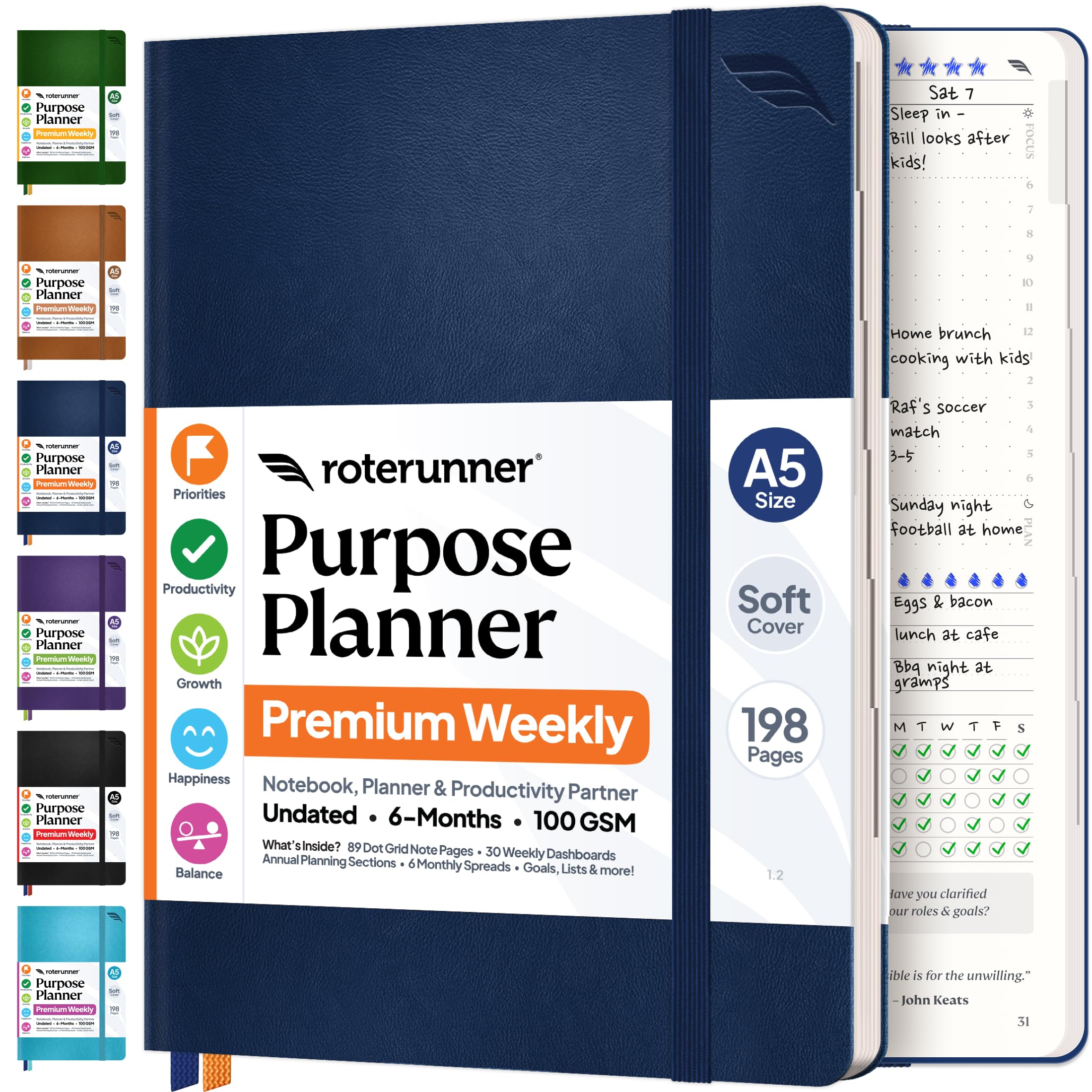 Purpose Planner A5 Undated Monthly Weekly Daily Productivity Journal 2024 Life Health Goal Setting Business Tool for Professionals Moms Academic Student Organizer Notebook (5.8"x8.3" Navy Softcover)