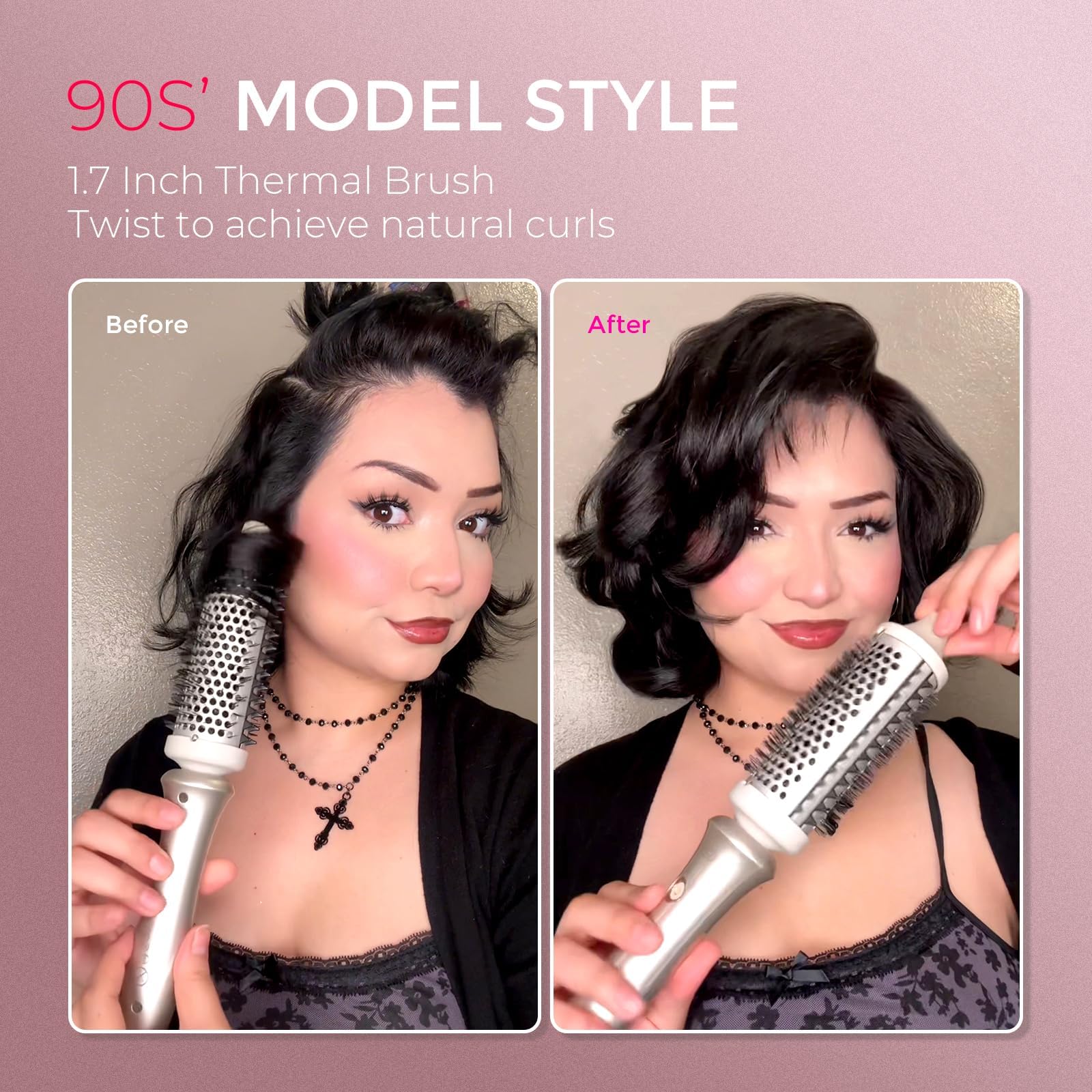 TYMO Thermal Brush Curling Brush - STYLUX 1.7 Inch Blowout Volumizer with Flexi-Fit for Hair Straightening, Heated Round Styler Tool, Hair Straightener and Curler 2 in 1, Dual Voltage & Light, Gold