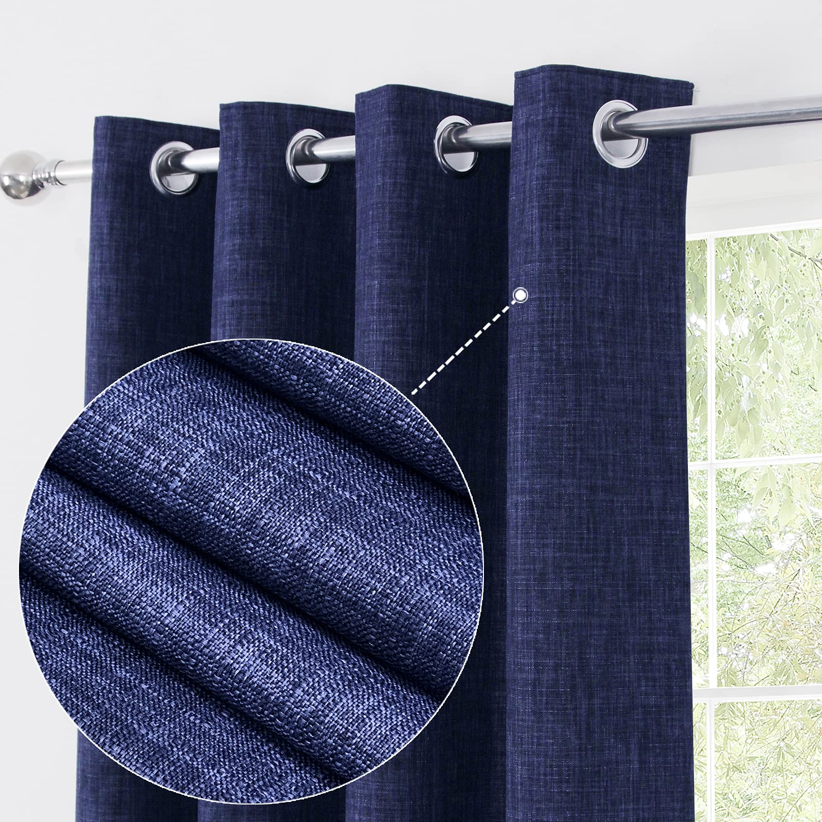 always4u Linen Look 100% Blackout Eyelet Curtains Thermal Energe Saving for Bedroom 1 Pair Noise Reducing Solid Modern Window Treatment for Home Decoration Navy Blue W46*L72