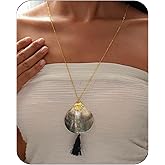 ZMJK Boho Long Necklaces for Women Trendy Shell Tassel Pendant Necklace Vintage Big Disc Seashell Sweater Chain Geometric Circle Casual Necklaces Bohemian Statement Jewelry