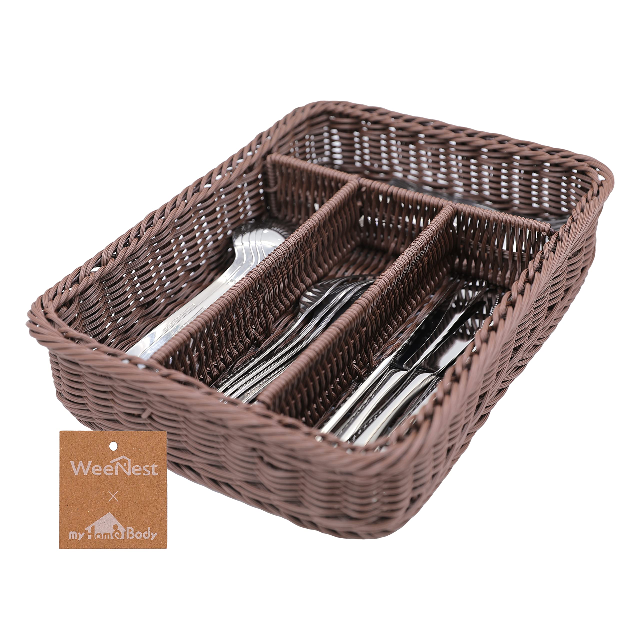 myHomeBody Rectangle Wicker Utensil Holder, Cutlery Organizer for Kitchen Organization, Utensil Drawer Organizer Kitchen Accessories, Resin Wicker 1 pc, Dark Brown