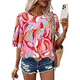 SHEWIN Women's Casual V Neck Floral Print Chiffon Blouses 3/4 Sleeve Boho Summer Tops Shirts