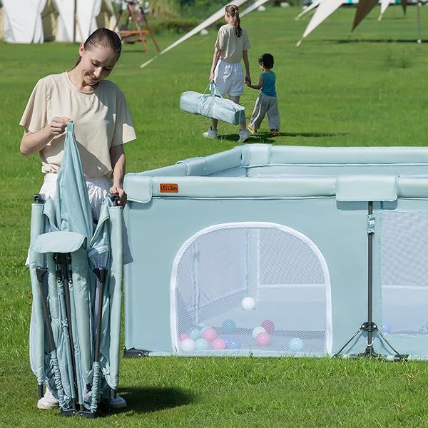 FOLDABLE BABY PLAYPEN 50X50INCH, ITILIKE PLAYPEN FOR BABIES AND TODDLERS WITH 50 PCS OCEAN BALLS & 2 HANDLES, INDOOR & OUTDOOR KIDS SAFETY PLAY PEN AREA, PORTABLE TRAVEL PLAY YARD,MINT GREEN