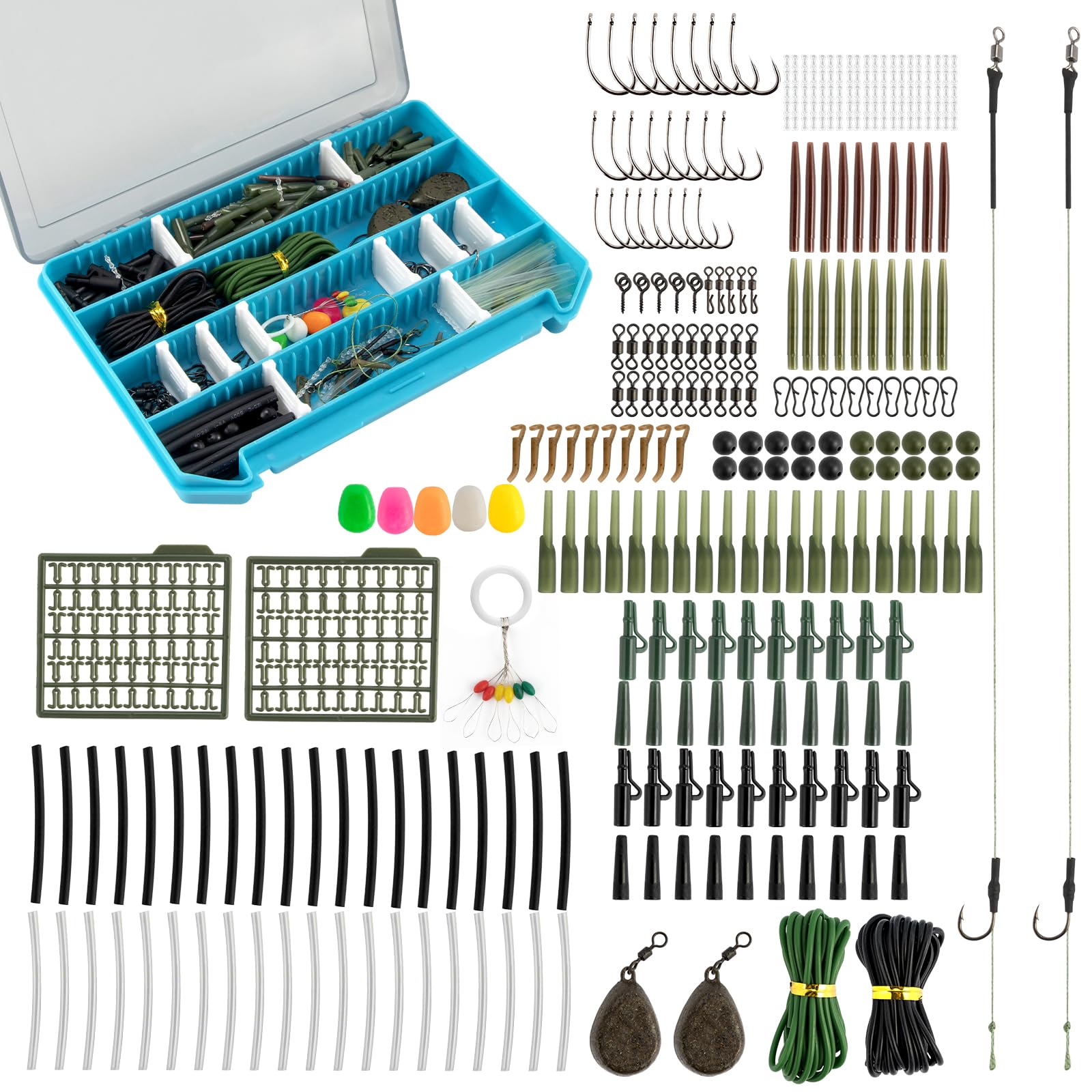 Alwonder 299pcs Carp Fishing Tackle in Box, Accessories Kit Include Hooks, Safety Clips, Line Beads, Boilie Stops, Corn, Tubing Hair Rigs and other 57g*2