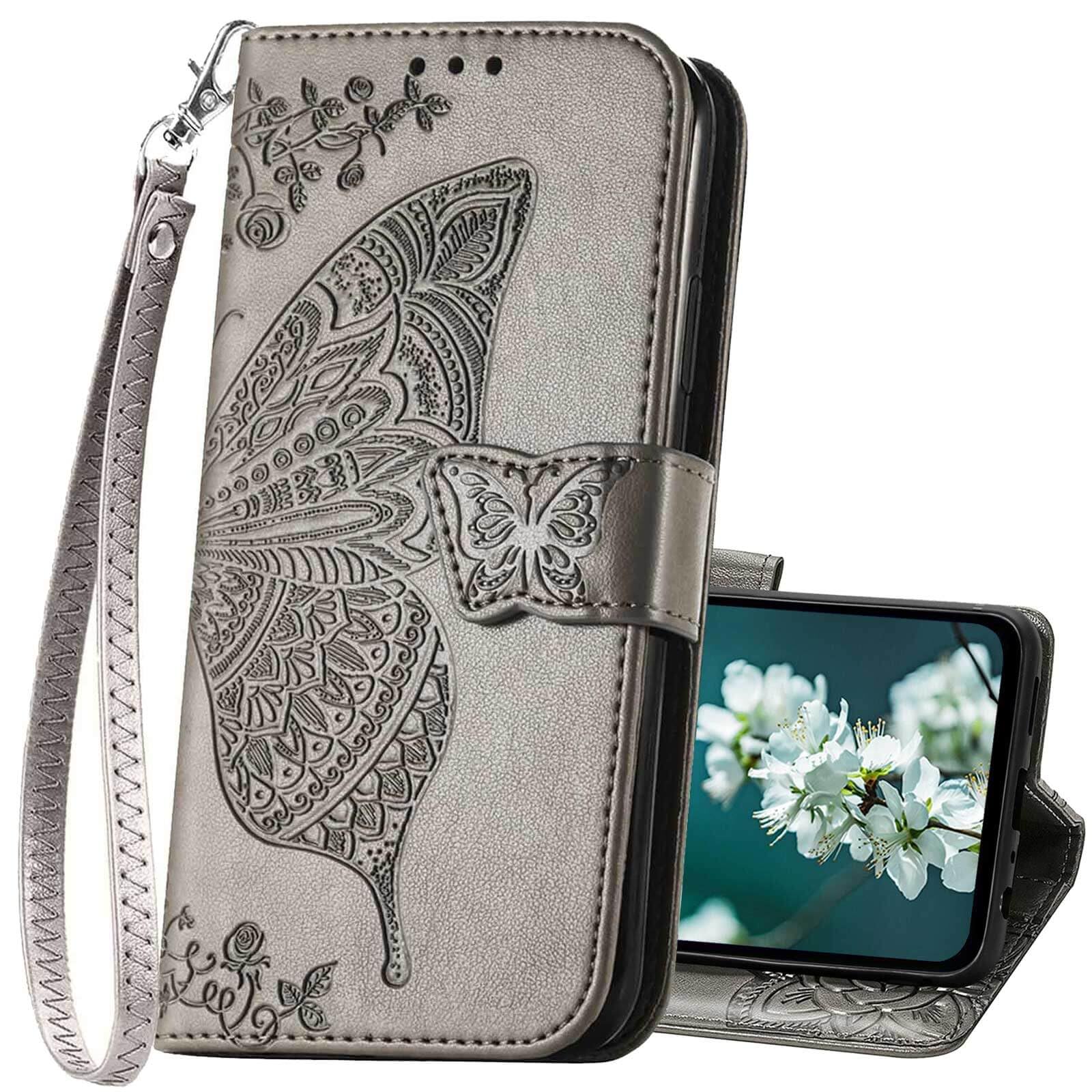 Photo 1 of KRHGEIK for Galaxy A15 5G Phone Case Wallet,Women Butterfly Embossed Flip PU Leather with Credit Card Holders Kickstand Wrist Strap Purse Cover for Samsung A15 5G (Gray)
