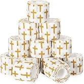 Geiserailie 12 Pack Christian Athletic Tapes 2 Inch x 5 Yards, White Gold | Breathable Adhesive Elastic Bandage with Cross, Religious Sport Wrist Tape, Non Woven for Wrap Ankle Baseball Football Soccer