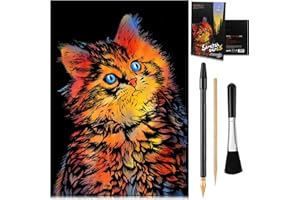 MEOWHAUS Scratch Art Rainbow Painting Paper DIY Crafts Womens Hobbies, Engraving Art for Kids & Adults Scratch Painting Sketch Pads Scratchboard Birthday Creative Gift 16” x 11.2”- Cat Animal