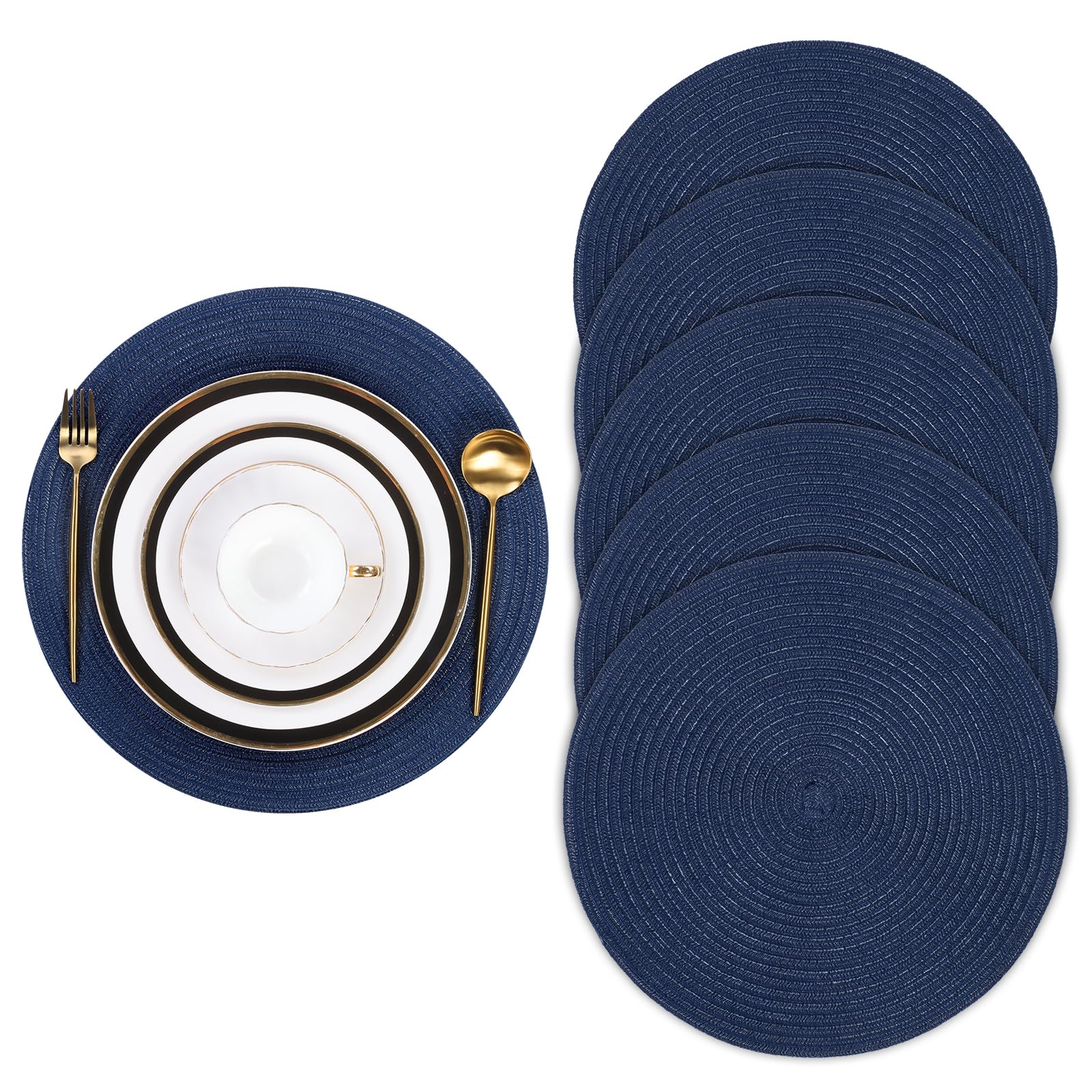 Pauwer Woven Round Placemats Set of 6, Heat Insulation Non Slip Braided Dinner Table Mats Washable Kitchen Dining Table Place Mats for Hotel Wedding Party Holiday, Navy