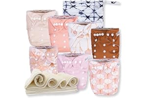 Nora's Nursery Cloth Diapers 7 Pack with 7 Inserts & 1 Wet Bag - Waterproof Cover, Washable, Reusable & One Size Adjustable Pocket Diapers for Newborns and Toddlers - Magnolia