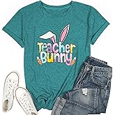 Teacher Bunny Shirts for Women Easter T Shirts Funny Rabbit Graphic Tees Teacher Casual Short Sleeve Top