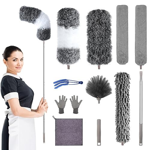 Microfiber Feather Duster with Extension Pole 30 to 100 inches, Reusable,Bendable, Washable Dusters for Cleaning Ceiling Fan, High Ceiling, Blinds, Furniture & Cars, 12PCS