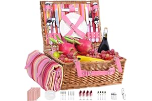 Neti Neti Wicker Picnic Basket for 4 with Insulated Cooler & Waterproof Blanket – Large Willow Picnic Hamper for Outdoor, Camping, Beach, Romantic Dates, Valentine’s Day