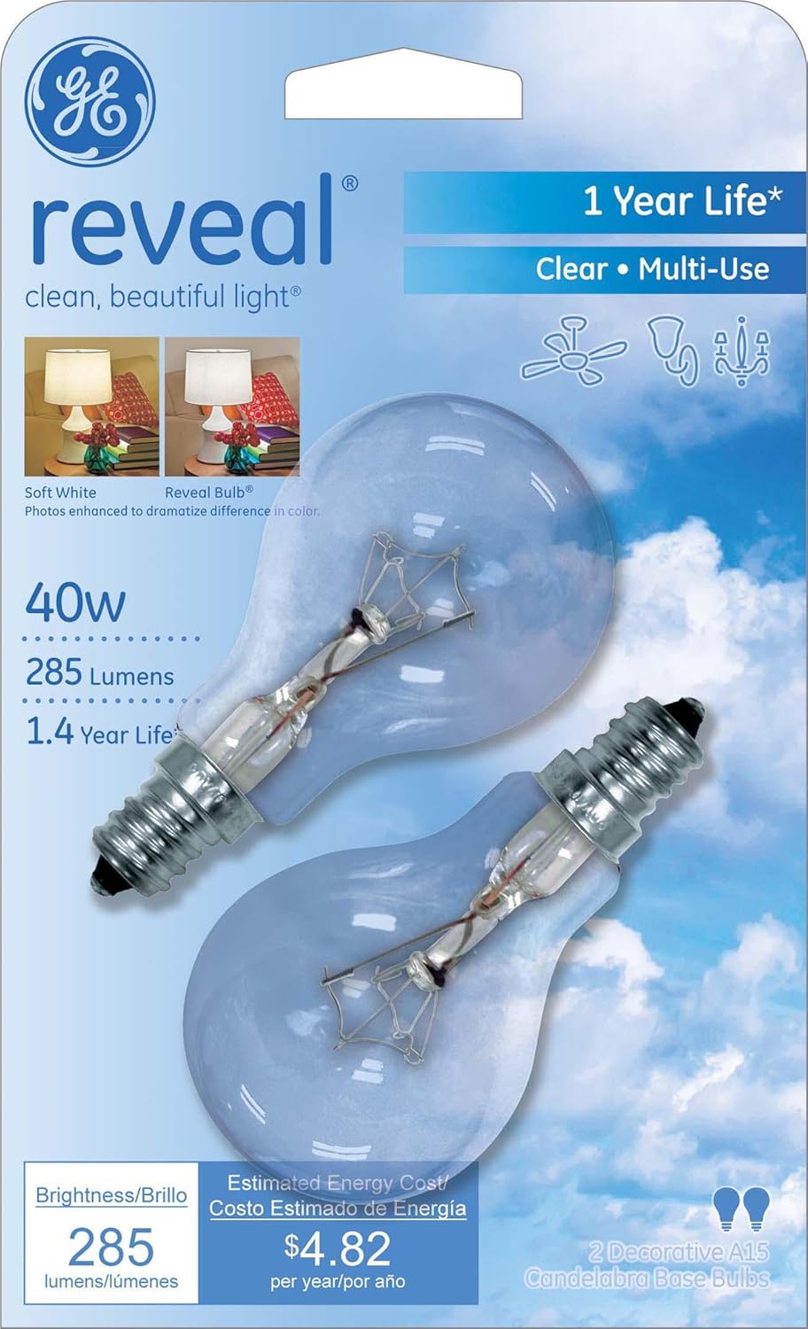 GE Reveal 76612 40Watt 8Pack GE Lighting 285Lumen A15 Light Bulb with Candelabra Base