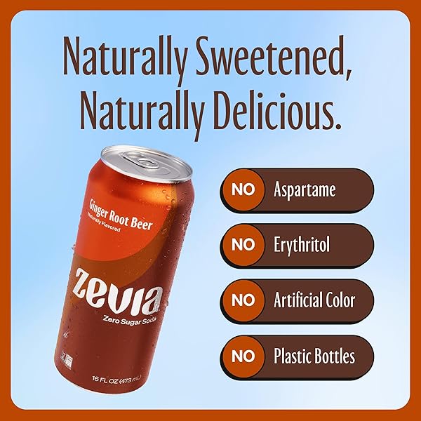 ZEVIA ZERO SUGAR SODA, GINGER ROOT BEER, 16 OZ CANS (12-PACK) – NATURALLY SWEETENED, NON-GMO PROJECT VERIFIED, GLUTEN-FREE, VEGAN