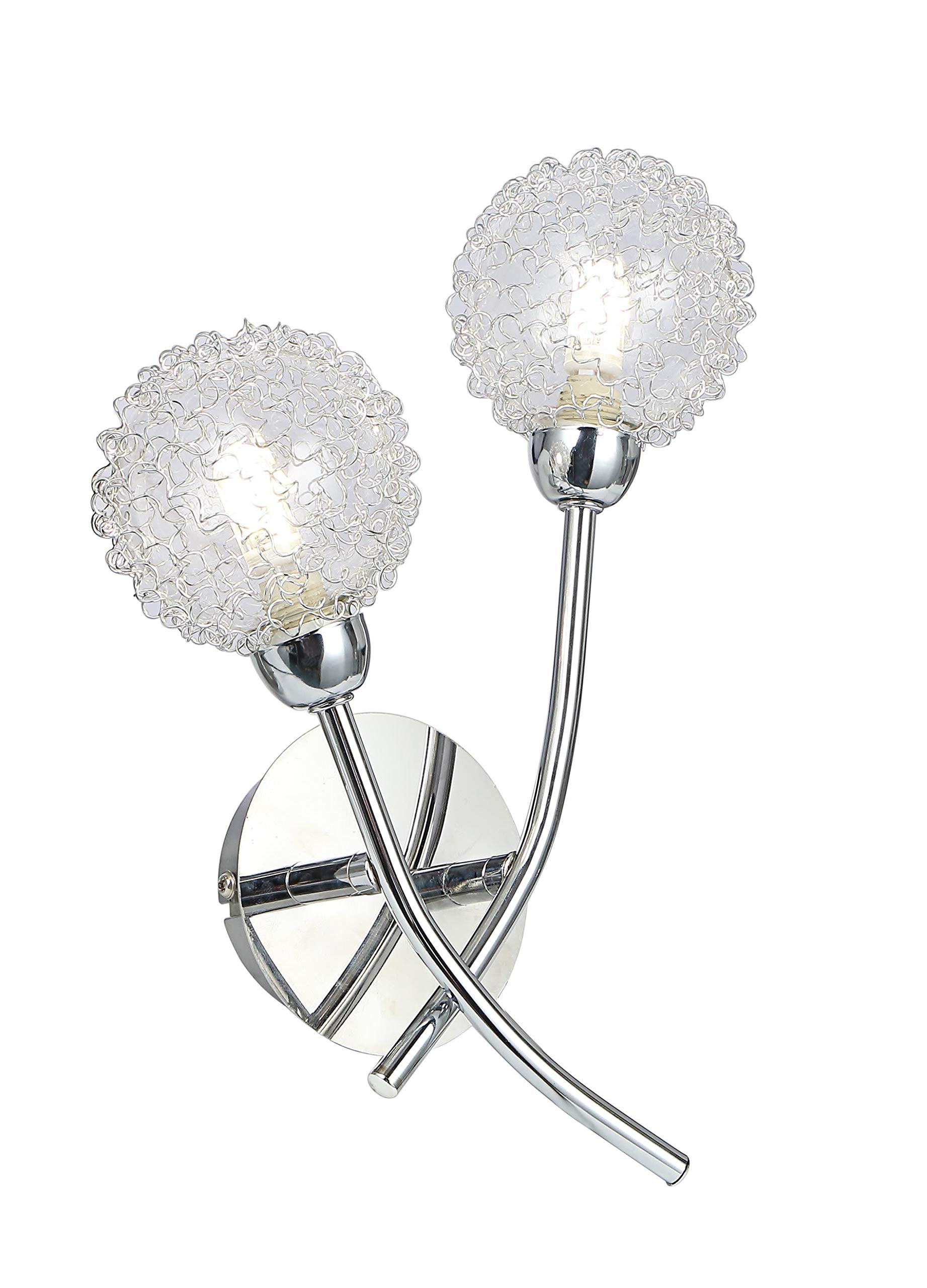 UKEW Modern 2 Way Wall Lamp - Bedside LED Lights Double Twin Chrome Arm Glass Mesh Wire Ball Shades for Lounge Living Room