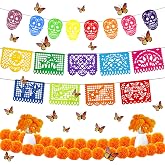 Dia De Los Muertos Ofrenda Decorations for Day of the Dead Altar 59 Pcs | 30 Marigold Flowers, 12 Monarch Butterflies, 9 Papel Picado, 8 Skull Banner, Mexican Decor