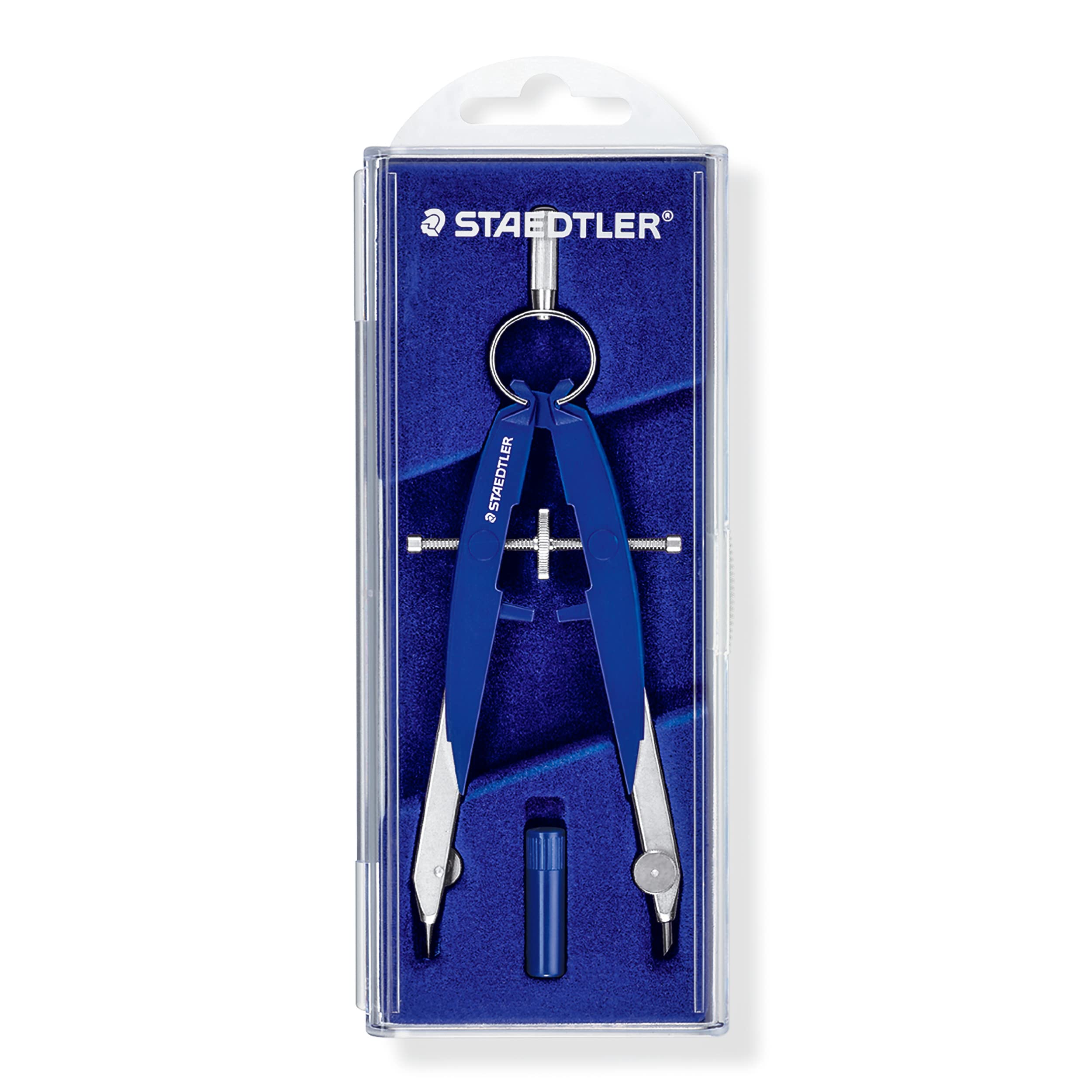 STAEDTLER Mars Comfort 556 00 compass with spindle guide, center drive spindle, accurate and precise, blue-silver, sturdy case with flip cover, 2-piece set (packaging may vary)