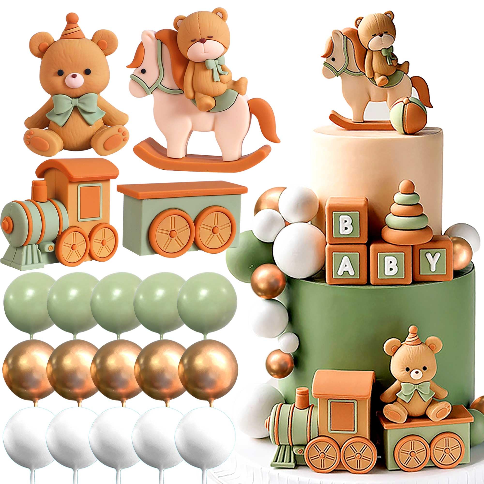 Photo 1 of JeVenis Sage Green Bear Cake Decoration Baby Bear Natural Baby Shower Cake Topper Bears Train Cake Decoration Baby Shower Birthday Cake Decoration