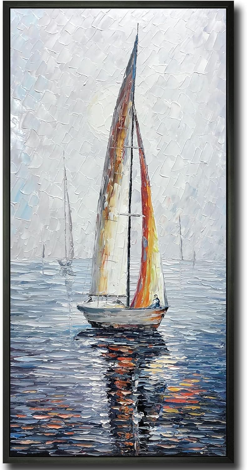 Paintings - V-inspire Art,24X48 Inch Modern Abstract Hand Painted Frame Oil Paintings Sailing Boat On The Sea Acrylic Canvas Hanging Painting Living Room Bedroom Wall Art Home Decoration