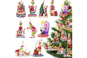 Gadluckki 2024 Christmas Tree Decorations, 9pcs Acrylic 2D Funny Green Doll Pendant, Flat Ornaments Hanging Decor for Home Holiday Party Vacation Gifts Supplies 10cm/3.93in