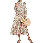 Fall Floral Long Sleeve Maxi Dress for Women Crew Neck Button Down Loose Flowy Boho Dresses 2025