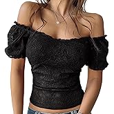 KWSTAIN Lace Tops for Women Off Shoulder Going Out Tops Sexy Sheer Mesh Puff Short Sleeve Summer Crop Floral Corset Top