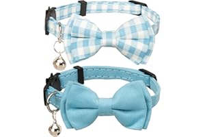 Gyapet Cat Collar with Bell Girl Boy Kitten Bow Tie Safety Breakaway Plaid Solid Color Gift Set Spring Pink Cute [2pcs] Blue