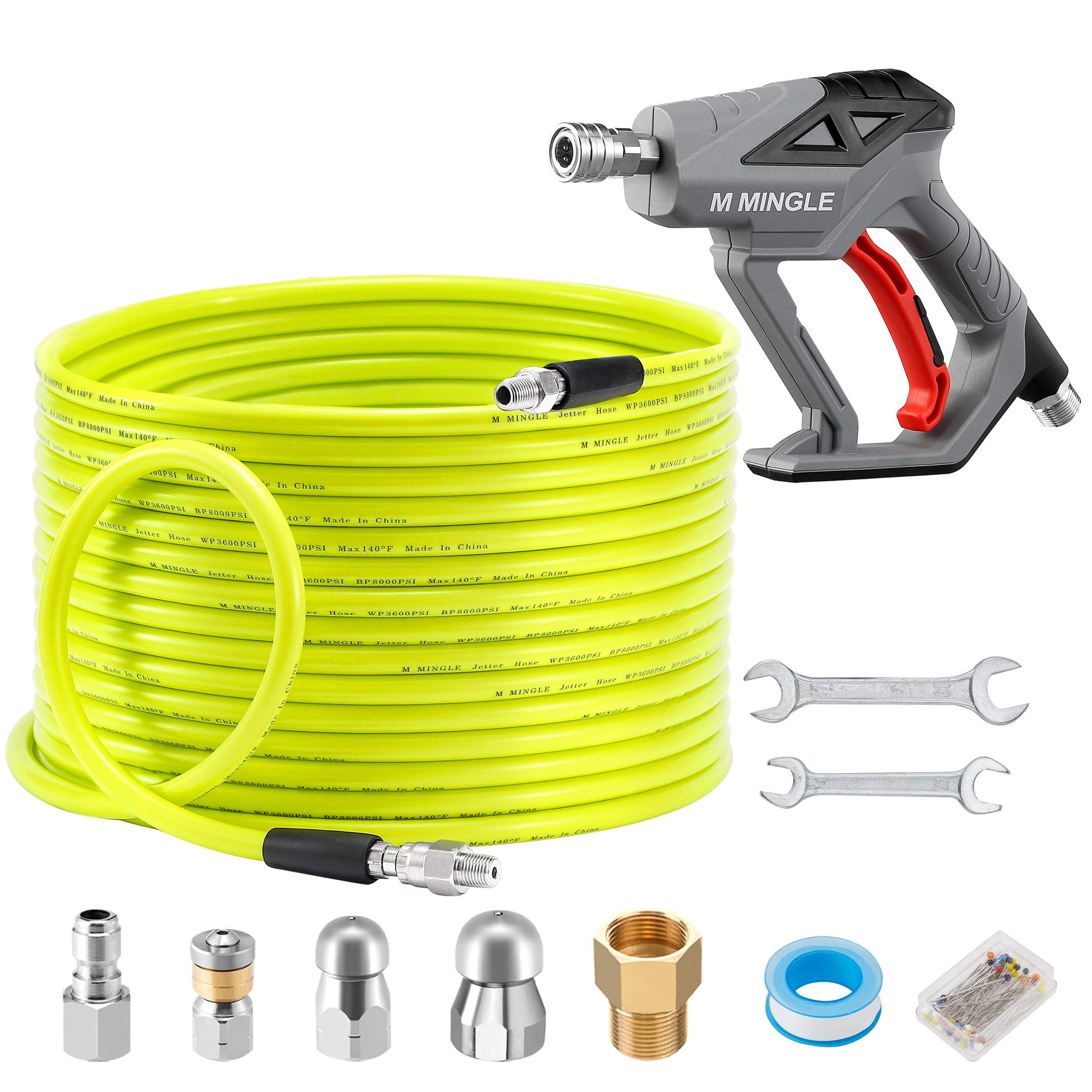 Photo 1 of M MINGLE Sewer Jetter Kit for Pressure Washer 150 FT, Drain Cleaner Hose with Power Washer Gun, 1/4 Inch NPT Corner Rotating and Button Nose Sewer Jetting Nozzle, Orifice 4.0, 4.5