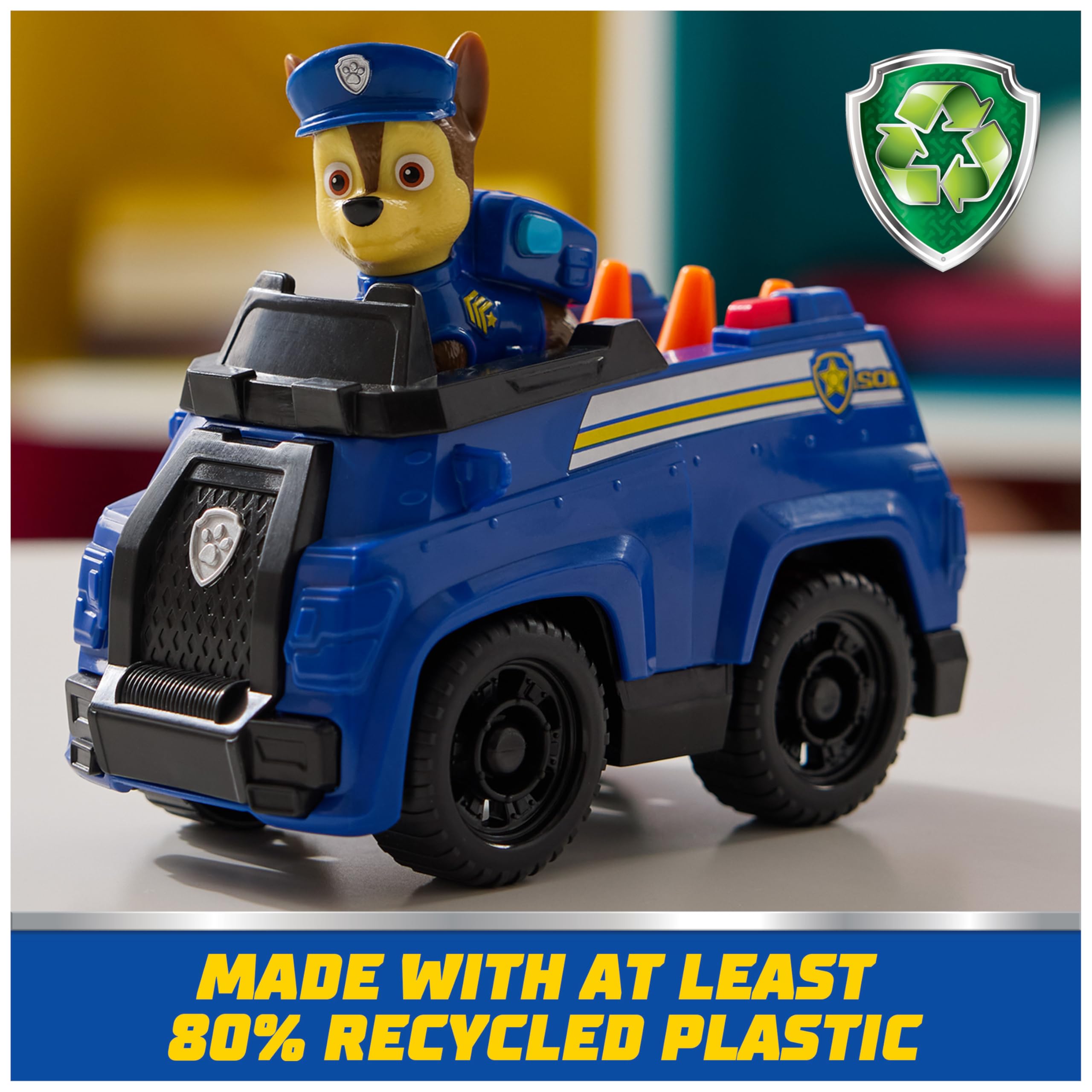 PAW Patrol, Chase’s Patrol Cruiser, Toy Car with Collectible Action Figure, Sustainably Minded Kids Toys for Boys & Girls Ages 3 and Up