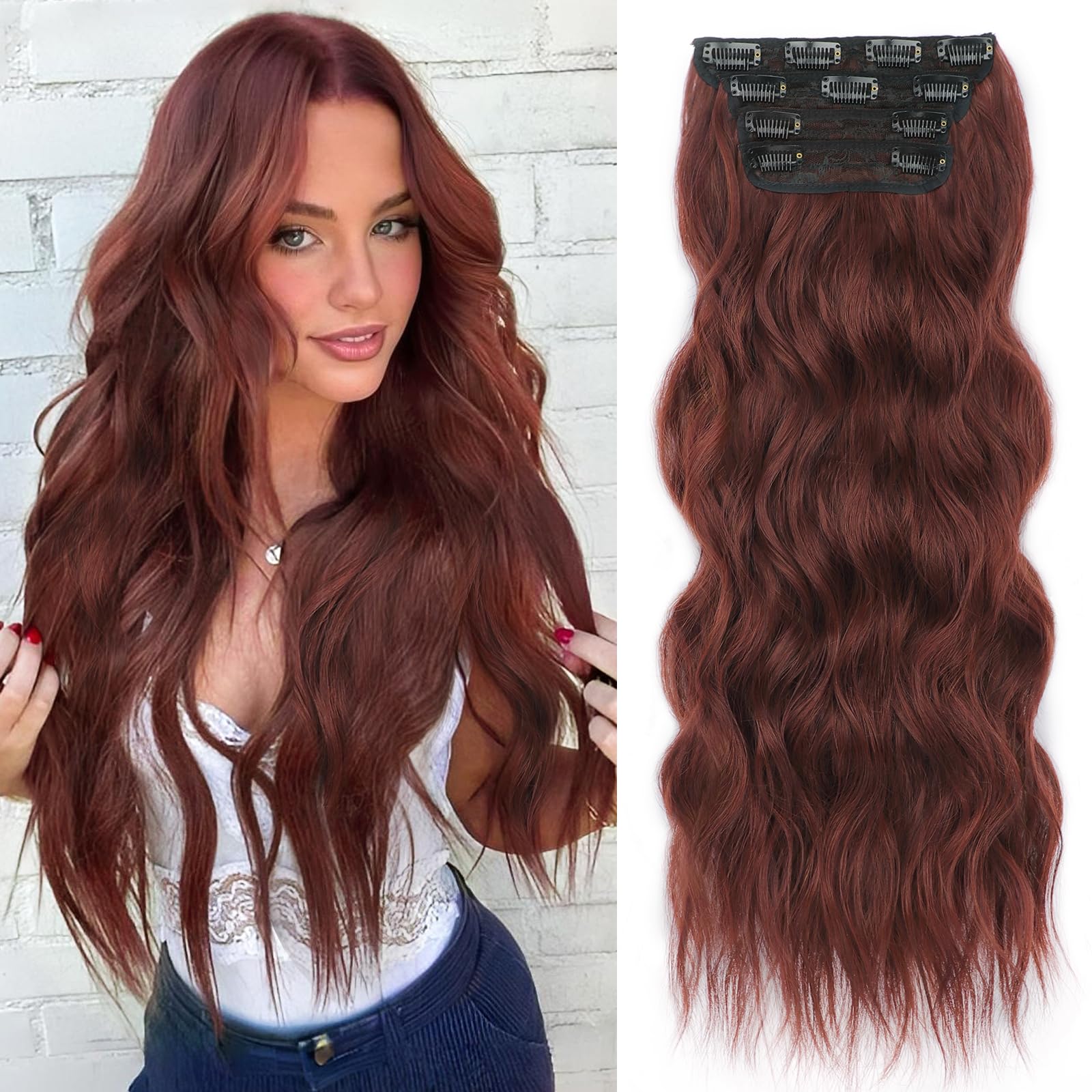 Photo 1 of ALXNAN Clip in Long Wavy Synthetic Hair Extension 24 Inch Wine Red 4PCS Thick Hairpieces Fiber Double Weft Hair for Women