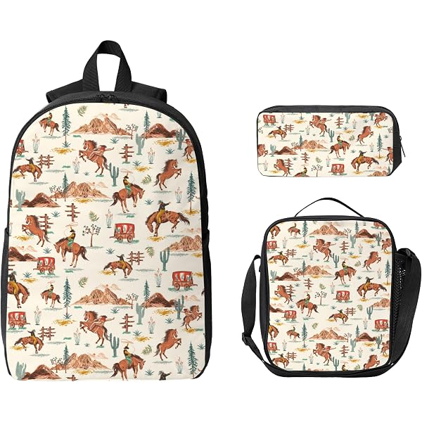WELLFLYHOM Western Horse Kids Backpack Set - 3-in-1 Bookbag With Lunch Box & Pencil Case, For School