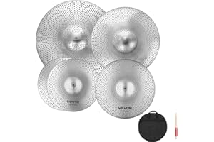 VEVOR Low Volume Cymbal Pack, 5Pcs Quiet Cymbals for Drum Set, 14'' Hi-Hats, 16'' Crash, 18'' Crash, 20'' Ride, Alloy Drum Cymbals Includes Free Drumsticks, Mute Pads & Bag, for Drummer Practice