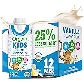 Orgain Organic Kids Nutritional Vegan Protein Shakes, Vanilla - Healthy Kids Snacks, 8g Plant Protein, 23 Vitamins &amp; Minerals, 3g Fiber, No Dairy &amp; Soy, Non-GMO, 8 Fl Oz, 12 Pack, Packaging May Vary
