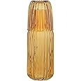 elle decor Ribbed Bedside Water Carafe with Tumbler Set | Ribbed Glass Pitcher and Matching Drinking Glass Doubles as Lid | 39-Ounce Jug for Guest Room, Office, or Gift | 4” x 9.5” (Amber)