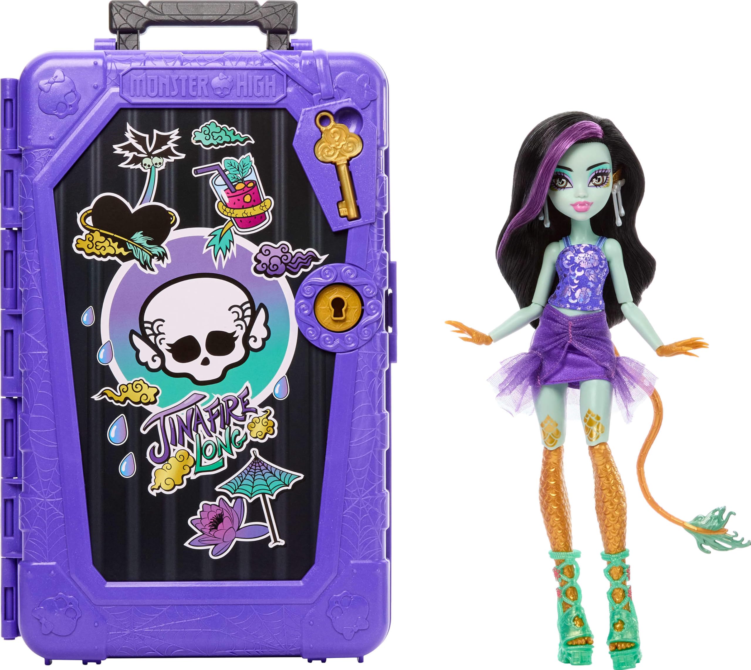 Monster High Skulltimate Secrets Jinafire Juego de muñeca larga y accesorios, Destino: Gore-geous Oasis con maleta y más de 19 sorpresas como ropa
