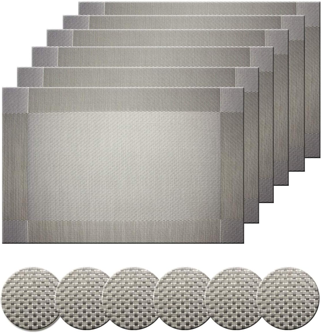 Bright Dream Table Place Mats and Coasters Woven Vinyl Non Slip Easy to Clean Sets of 6（Grey）
