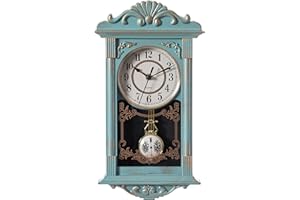 Clockswise Vintage Grandfather Wood-Looking Plastic Pendulum Decorative Battery-Operated Wall Clock, for Office, Home Decor, Living Room, Kitchen, or Dining Room, Blue with Gold Distressed Design