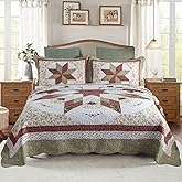 YAYIDAY Quilts Queen Size Patchwork Bedspread Set - 100% Cotton Reversible Breathable Red Star Geometric Quilted Quilt with Pillow Shams Fit All Seasons