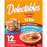 Delectables Lickable Treat Stew Wet Cat Treat Variety Pack, Food Topper, Hydrating, Grain-Free, No Fillers, No By-Products, No Added Preservatives, 1.4oz Pouch, 12ct