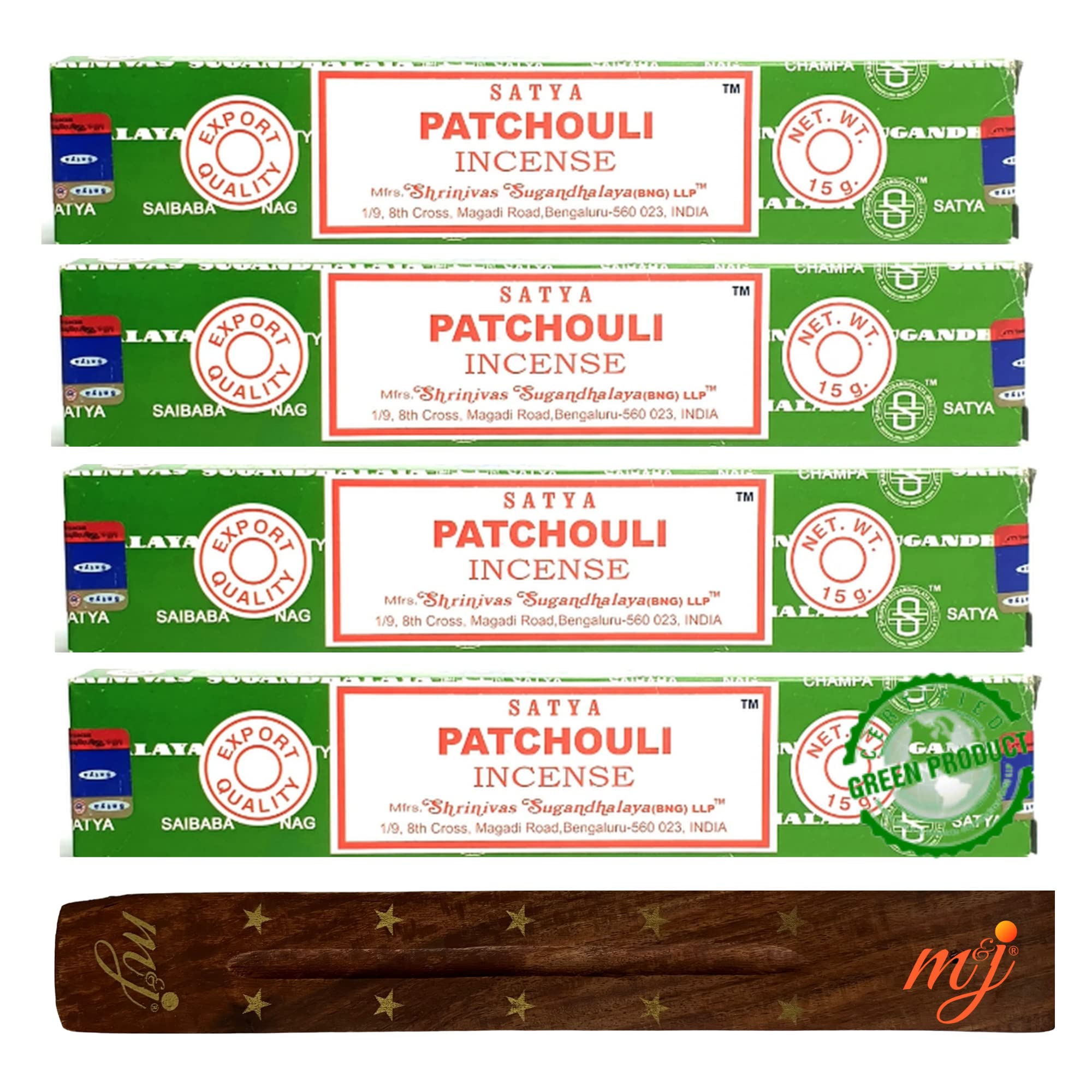 Original Satya Nag Champa Patchouli Incense Sticks | with M&J incense sticks holder | x4 pack | for Aromatherapy, Spa, Yoga, Weddings, Meditation, Healing, Positivity and Relaxation — image 1