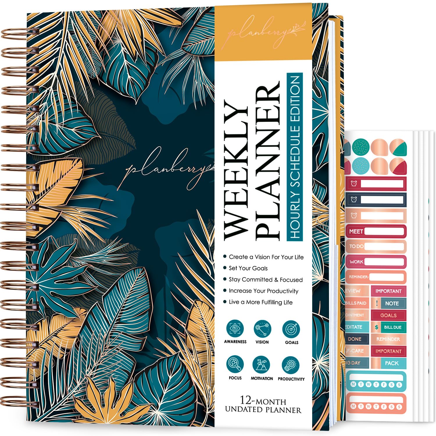 PLANBERRY Large Hourly Schedule Planner Premium – Undated Hourly Schedule & Budget Organizer for Time Management – Productivity Journal with Habit Tracker – 20 x 27cm Hardcover (Tropical Forest) — image 1