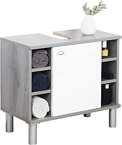 RICOO WM100-EH-W Mueble baño bajo Lavabo 60x54x32cm Armario Auxiliar Estantería Debajo lavamanos Toallero Almacenaje Madera Blanca y Roble Gris