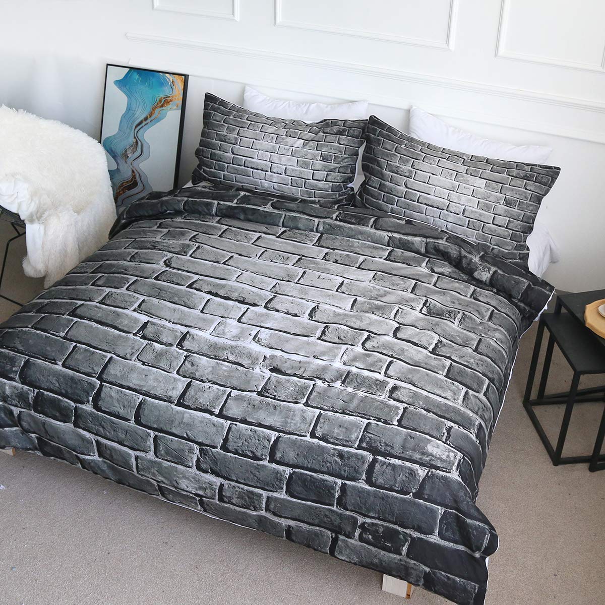 BlessLiving Black Brick Wall Bedding 3 Pieces Urban Modern Duvet Cover Set 3D Old Rustic Brickwall Bedspread Comforter Cover (Double)